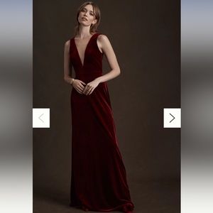 Anthropologie Jenny Yoo Deep V Velvet Column Gown Burgundy